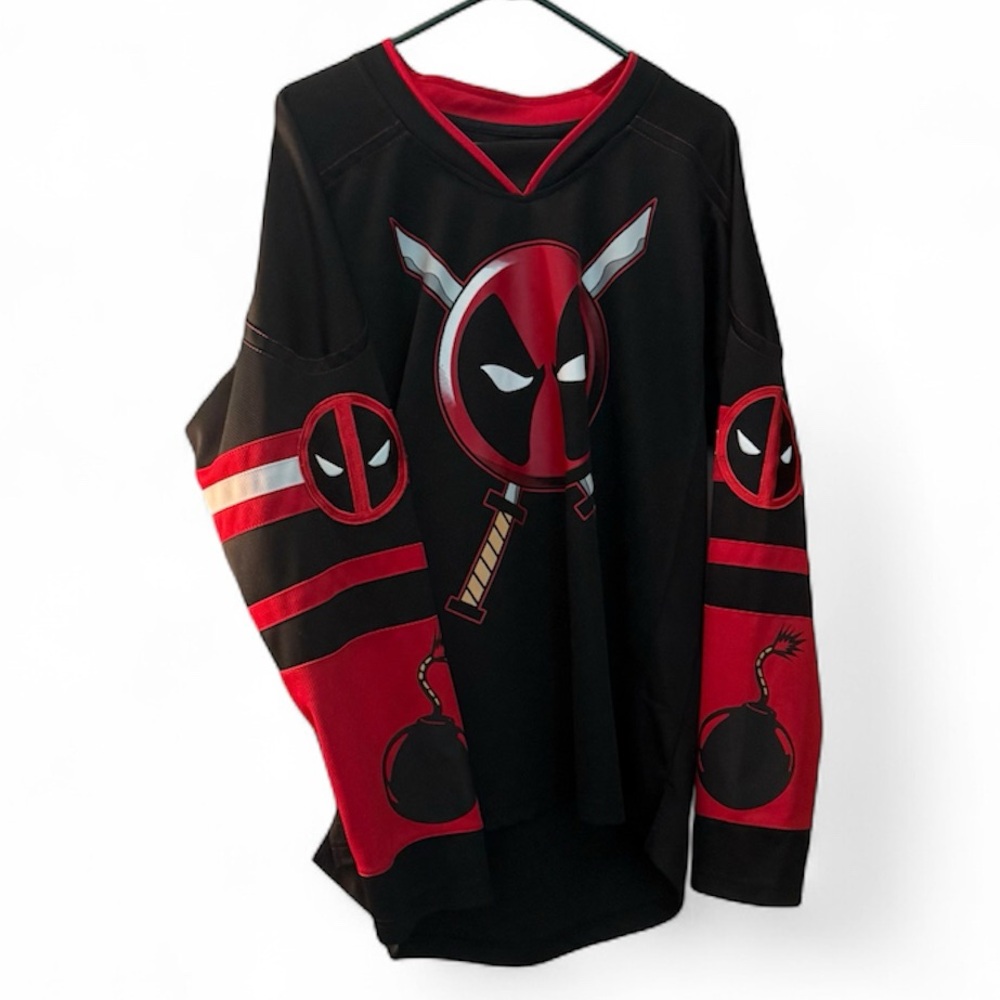 DeadPool Logo Black and Red Graphic Long Sleeve Hockey Jersey